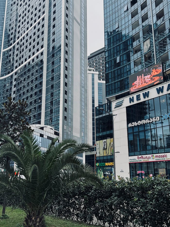 View of tall modern skyscrapers in an urban cityscape with greenery.
